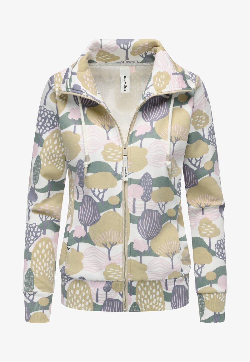 Giacca con zip caratterizzata da un mix di colori pastello e motivi di alberi. Realizzata in materiale morbido, presenta un colletto alto e cordoncini di regolazione.