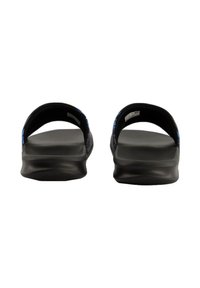 Black slide sandals with a smooth textured sole and open back. Features blue and patterned accents on the upper strap.