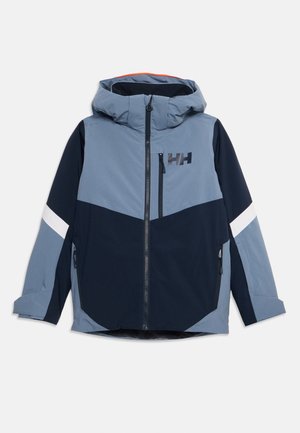 Wasserfeste Farbe-blockierte Jacke für Kinder mit Kapuze, Frontreißverschluss, Brusttasche und reflektierenden weißen Streifen auf blauen und marineblauen Ärmeln.