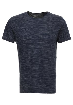 Marineblaues T-Shirt aus weichem Stoff mit einem strukturierten, melierten Muster, ausgestattet mit einem klassischen Rundhalsausschnitt und kurzen Ärmeln.