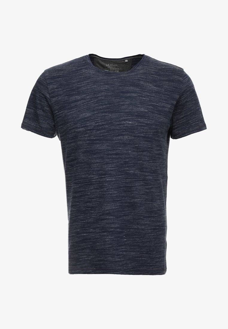 Marineblaues T-Shirt aus weichem Stoff mit einem strukturierten, melierten Muster, ausgestattet mit einem klassischen Rundhalsausschnitt und kurzen Ärmeln.