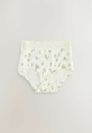 Culotte en coton avec un fond crème, motif floral en bleu et rose, et une taille en dentelle scallopée. Texture douce et conception offrant une couverture complète.
