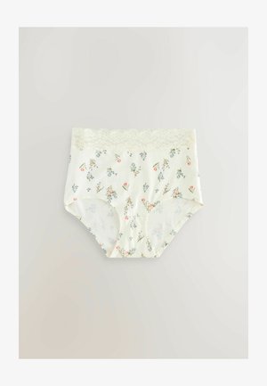 Culotte en coton avec un fond crème, motif floral en bleu et rose, et une taille en dentelle scallopée. Texture douce et conception offrant une couverture complète.