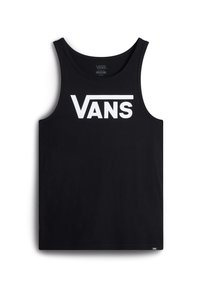 Débardeur noir sans manches avec le logo Vans blanc centré sur la poitrine, coupe classique, taille moyenne.
