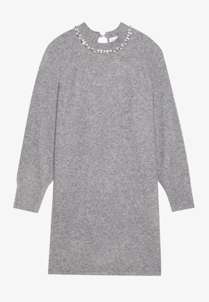 Gray knit dress with a rounded neckline adorned with clear beads. Features long sleeves and a relaxed fit, showcasing soft texture.