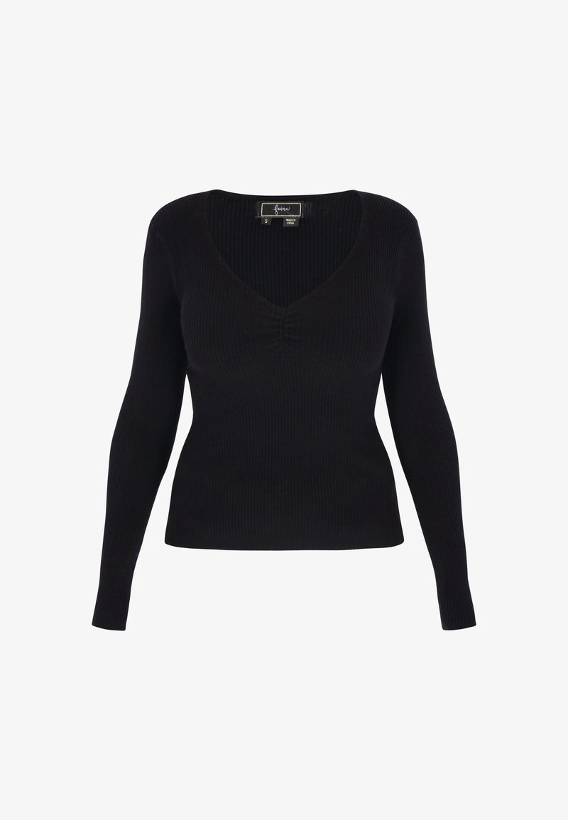Schwarzer gerippter Langarmpullover mit V-Ausschnitt und gerafftem Detail an der Brust, aus weichem Stoff, figurnahes Design, glatte Textur.