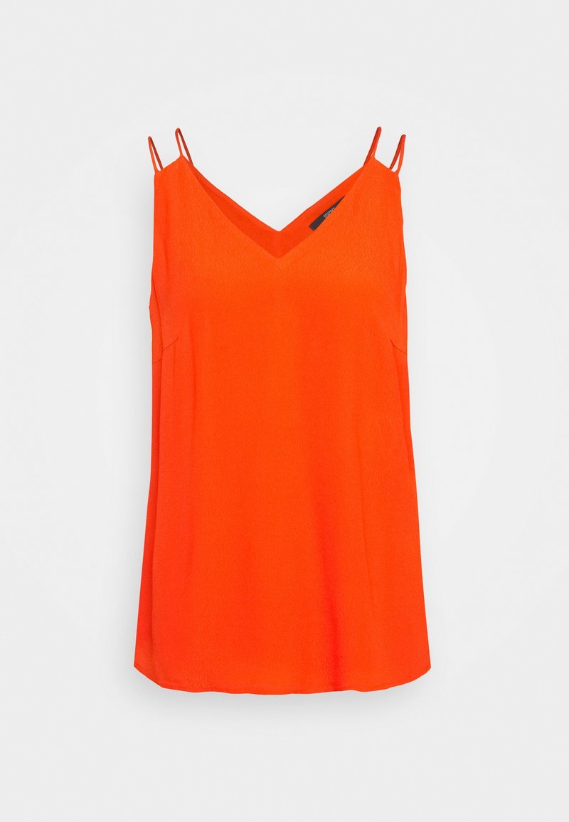 Robe sans manches orange vif avec double fines bretelles et décolleté en V, présentée sur un fond clair uni.