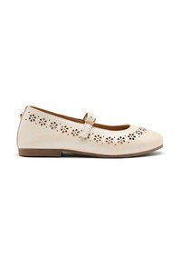 Ballet flats en cuir beige avec un bout rond, motif floral découpé le long des bords et une seule sangle ajustable. Semelle en caoutchouc.
