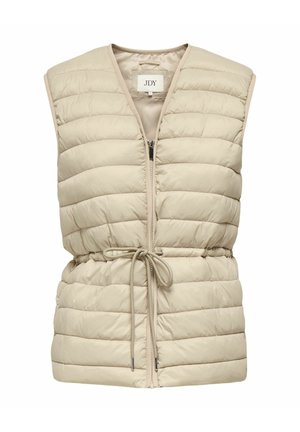 Beige sleeveless quilted vest with front zipper and adjustable drawstring waist, featuring a V-neck collar and padded horizontal stitching.