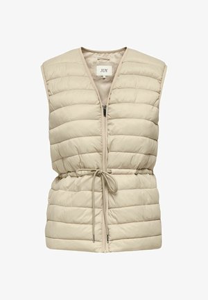 Beige sleeveless quilted vest with front zipper and adjustable drawstring waist, featuring a V-neck collar and padded horizontal stitching.