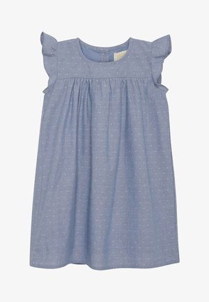 Lyseblå, ærmeløs babydragt med flagrende ærmer og lille hvidt prikket mønster, indsamlet ved brystet.