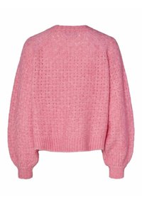 Maglione rosa chiaro con un motivo tessuto e texture, lunghezza cropped e maniche a sbuffo, con polsini a costine e scollo rotondo.