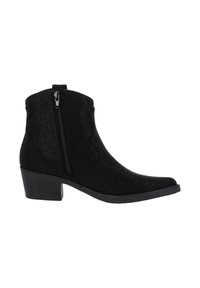 Schwarze Knöchelstiefel mit strukturiertem Obermaterial, seitlichem Reißverschluss, spitzer Zehenform und niedrigem Blockabsatz. Verfügt über ein dezentes gepunktetes Muster.