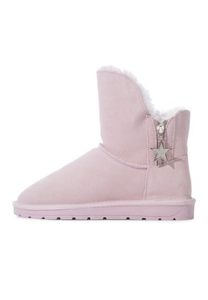 Pink suede ankle boots with a plush white fur interior, featuring a side zipper and a star-shaped accent on the zipper pull.