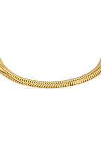 Halskette aus goldfarbenem Metall mit flexiblen, miteinander verbundenen Segmenten, die eine glatte, glänzende Oberfläche und ein stromlinienförmiges, geschwungenes Design aufweisen.