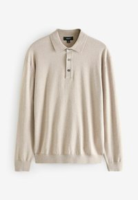 Beige hosszú ujjú pólóing puha anyagból, klasszikus gallérral, három gombos záródással és bordázott mandzsettával.