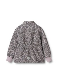 Jakna s cvetličnim vzorcem v temnih odtenkih z elastičnim pasom, dolgimi rokavi in roza manšetami iz rebrastega blaga. Na zadnji strani je okrogel siv gumb.