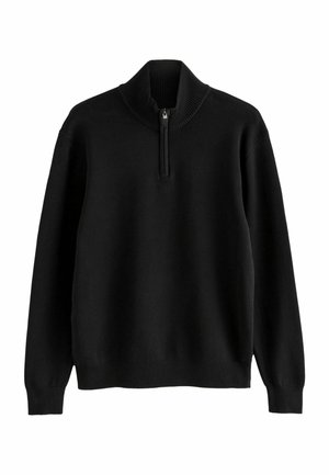 Pullover nero a maniche lunghe con colletto a mock neck a coste e chiusura con mezza cerniera, polsini a coste e fondo a coste.