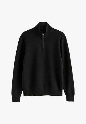 Black long-sleeve pullover sweater with ribbed mock neck collar and half-zip closure, ribbed cuffs, and hem.