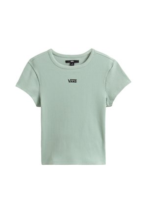 Light green ribbed short-sleeve t-shirt featuring a round neckline and black "VANS" logo embroidered on the chest.
