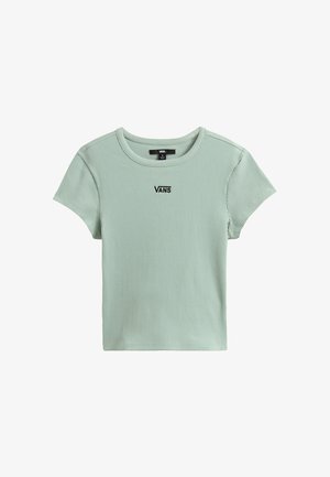 T-shirt a maniche corte a costine di un verde chiaro, con scollo rotondo e logo "VANS" ricamato sul petto.