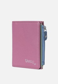 Compact wallet in pink leather, featuring a blue zippered section, green interior, and silver logo detail. Smooth texture with precise stitching.