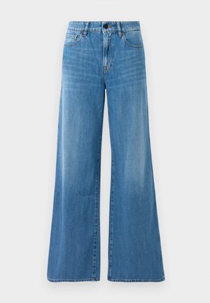 Blue high-waist denim jeans with a wide-leg cut, front button, zipper closure, and front and back pockets.