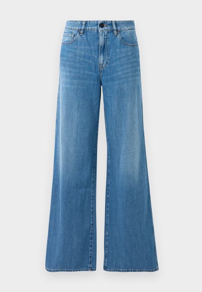 Blue high-waist denim jeans with a wide-leg cut, front button, zipper closure, and front and back pockets.