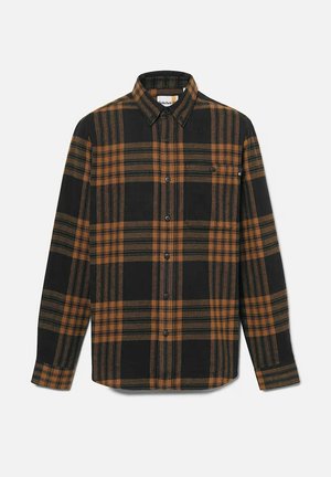 Camicia a quadri nera e arancione, realizzata in tessuto morbido. Presenta una chiusura con bottoni sul davanti, colletto a punta e maniche lunghe con polsini a bottoni.