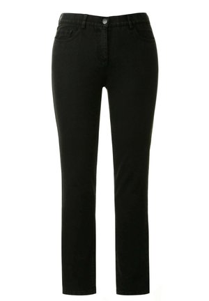 Jeans in denim nero con una vestibilità slim, chiusura a bottone e cinque tasche. Il tessuto ha una consistenza liscia e una leggera elasticità.