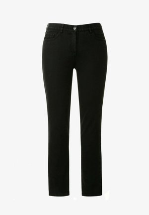 Czarne dżinsy o slim fit, z zapięciem na guziki i pięcioma kieszeniami. Materiał ma gładką teksturę i lekki stretch.