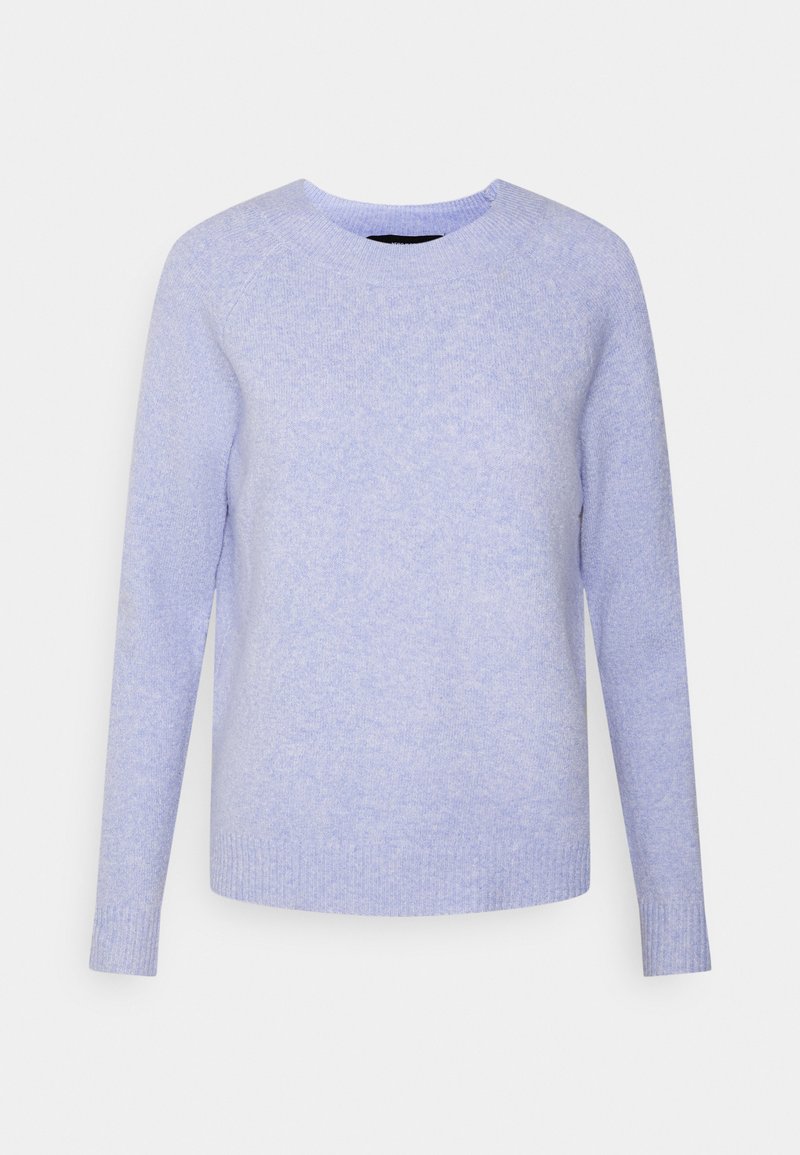 Sweater de malha lilás claro com decote redondo, mangas longas e punhos e bainha canelados. Textura suave com variações sutis de cor.