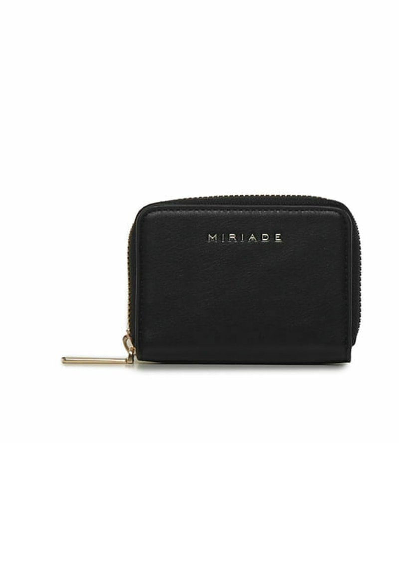 Portafoglio in pelle nera con accessori dorati, chiusura zip, texture liscia e nome del marchio "MIRIAD" impresso sul davanti. Design compatto rettangolare.