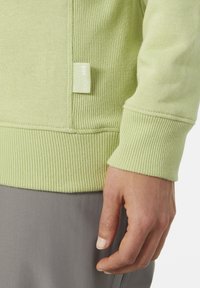 Sudadera de canalé verde claro con una etiqueta en el lateral, con mangas acampanadas y un dobladillo texturizado, combinada con una tela gris debajo.