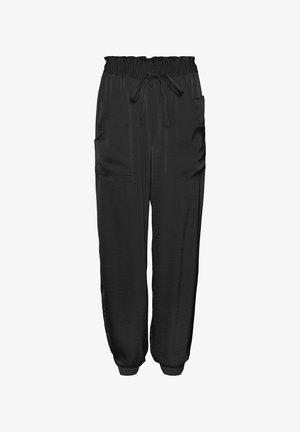 Zwarte, lichte broeken met een elastische tailleband, verstelbaar trekkoord en twee zijzakken. Boorden aan de enkels zorgen voor een aansluitend design.