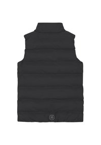 Svart vadderad väst med hög krage, med horisontell quiltning, en slät yta och en liten logotyp längst ner. Utan ärmar.