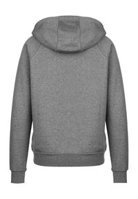 Felpa grigia con cappuccio, caratterizzata da una texture liscia, dotata di tasca a marsupio e polsini e orlo a costine. Design sul retro senza grafiche o testo.