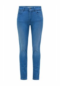 Vaqueros de denim azul de corte ajustado, con una cintura de altura media, diseño tradicional de cinco bolsillos y detalles de costura sutiles en los bolsillos.