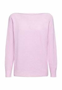 Helles rosa, locker sitzender Pullover mit weitem Rundhalsausschnitt, langen Ärmeln und horizontaler Rippstruktur. Weicher Strickstoff, lässiges Design.