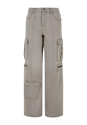 Grijze cargo pants van zachte stof, met een wijde pasvorm, meerdere zijzakken en ritsen op de bovenbeen zakken.