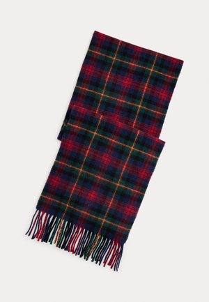 Red, green, and blue plaid scarf made of soft fabric with fringed edges. Rectangular shape, featuring evenly spaced lines and checks.