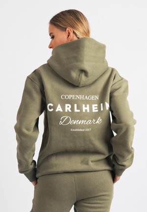 Olive green hoodie with a drawstring and a front kangaroo pocket. Features white text: "COPENHAGEN CARLHEIN Denmark Established 2017."