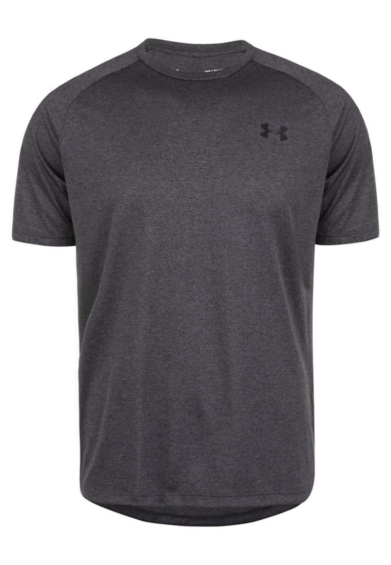 Camiseta deportiva gris de manga corta con cuello redondo y logotipo negro en el pecho. Confeccionada con un tejido ligero y transpirable. Textura suave.