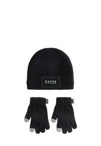 Black knitted beanie with a ribbed cuff and logo patch, paired with black gloves featuring gray fingertips. Textured fabric, warm design.