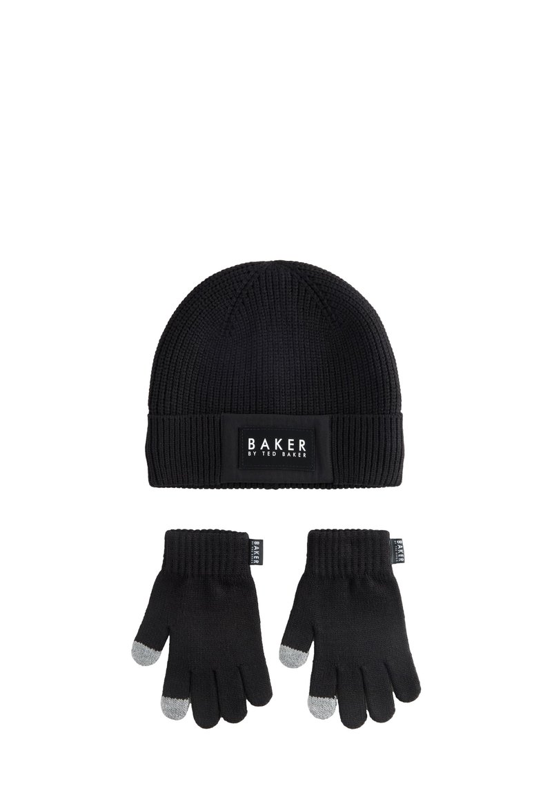 Black knitted beanie with a ribbed cuff and logo patch, paired with black gloves featuring gray fingertips. Textured fabric, warm design.