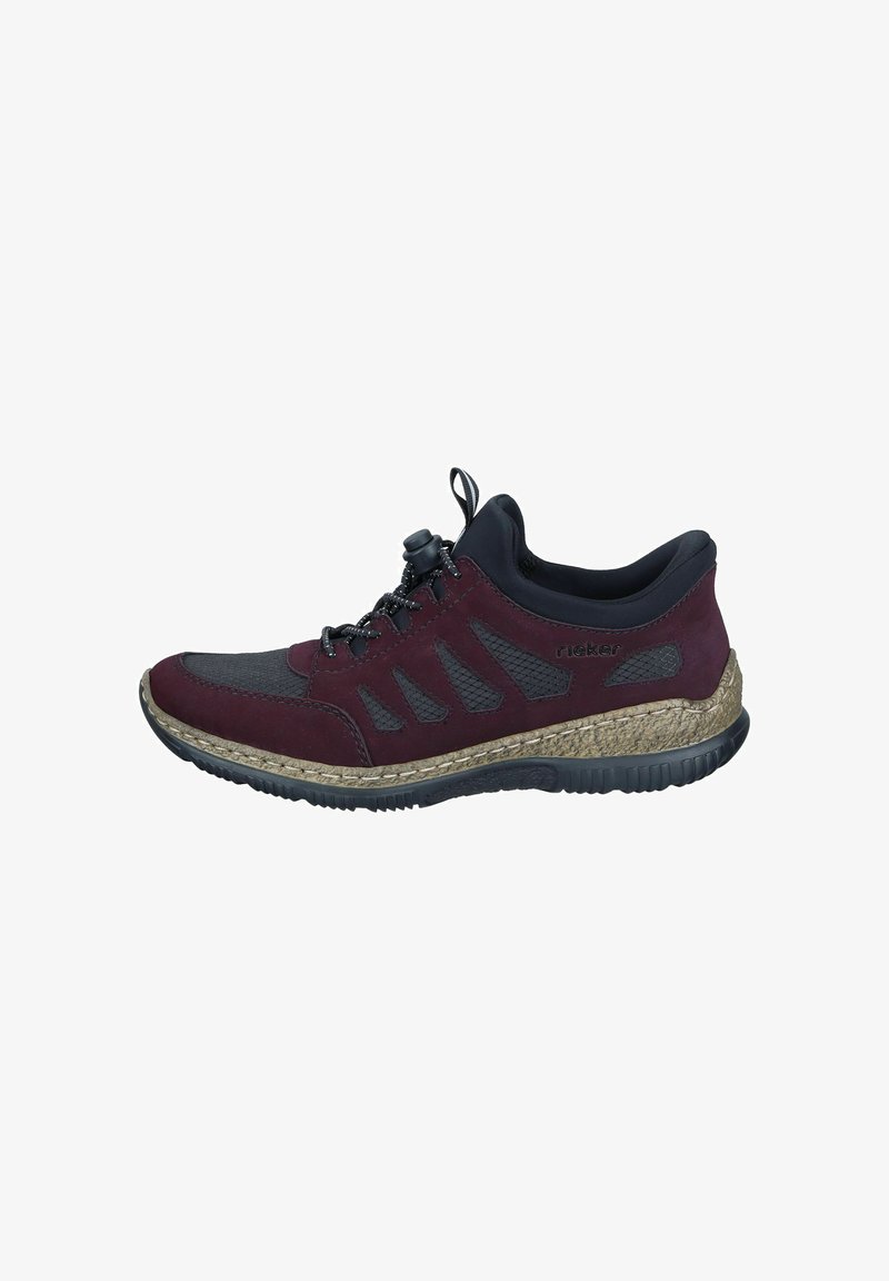 Maroon athletic shoe featuring a suede and mesh upper, graphic cutouts, textured midsole, and black rubber outsole. Adjustable toggle lacing system.