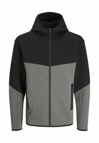 Giacca a zip con parte superiore nera e parte inferiore grigia. Realizzata in tessuto morbido con cappuccio e due tasche con zip.