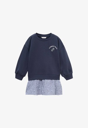 Námořnický svetr s dlouhými rukávy a žebrovanými manžetami, s modrým květinovým volánkem na spodním lemu. Vyšitý text: "Dokonalá procházka."