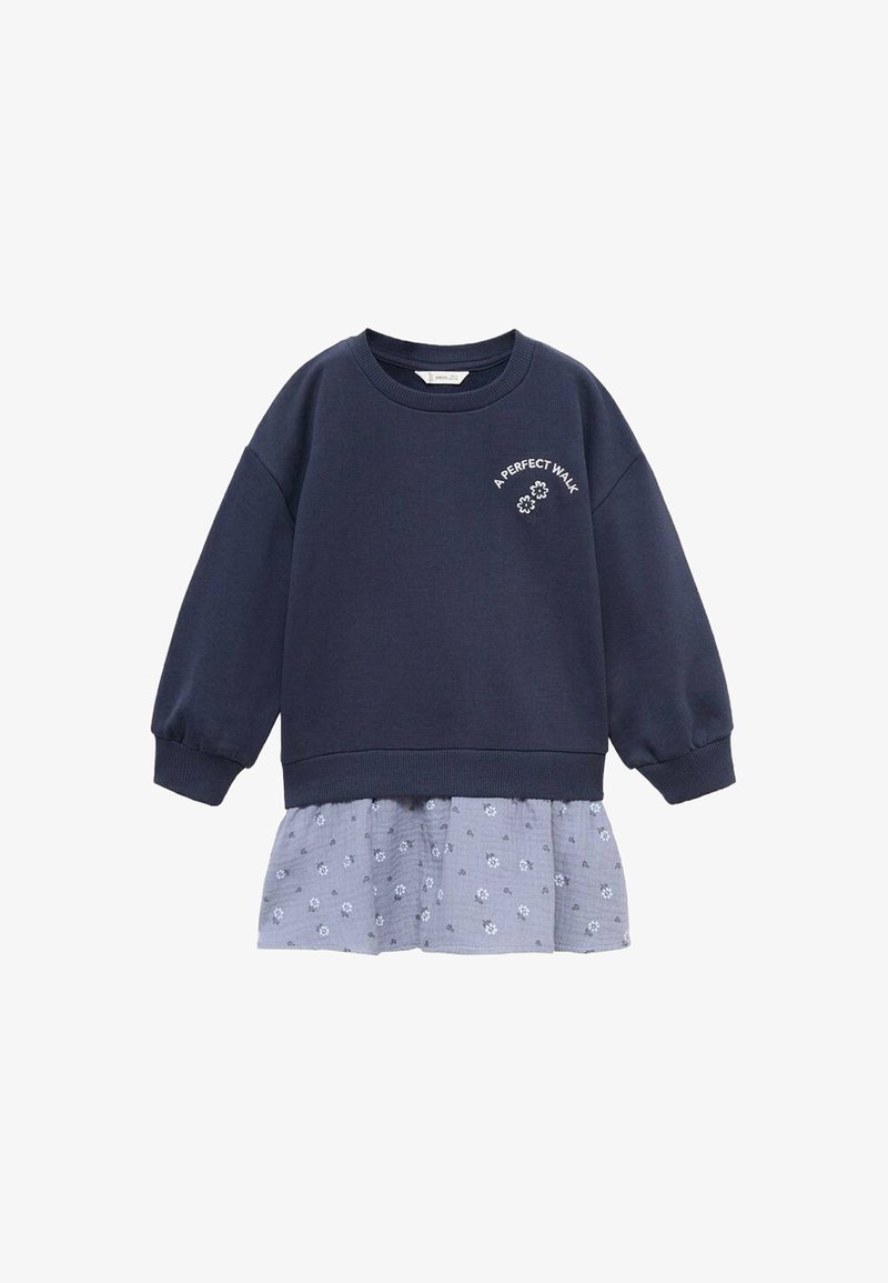 Námornícky sveter s dlhými rukávmi a rebrovanými manžetami, s volánom na spodnej strane s modrým kvetinovým vzorom. Vyšívaný text: "Perfektná prechádzka."