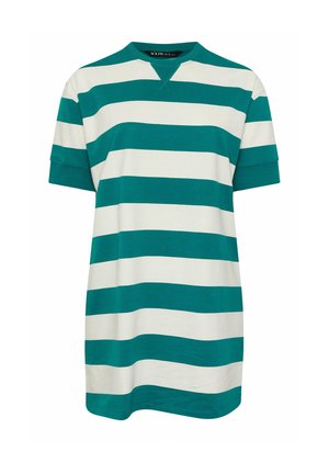 Robe T-shirt à manches courtes et coupe ample, avec de larges rayures horizontales bleu sarcelle et blanches, et un col rond.